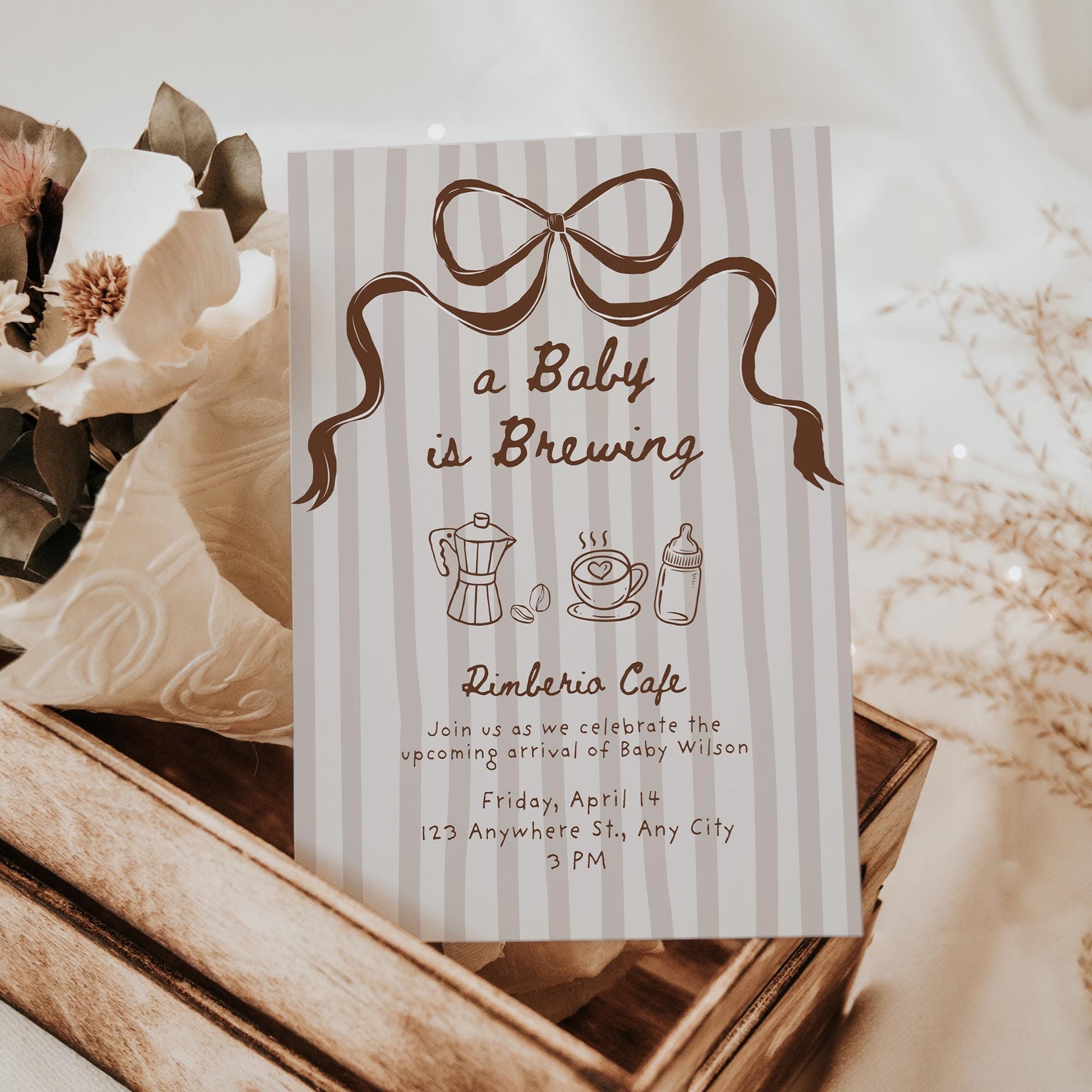 A Baby is Brewing Coffee Baby Shower Invite Editable Template Gender Neutral Digital Download Invitation Hand Drawn Whimsical Bow