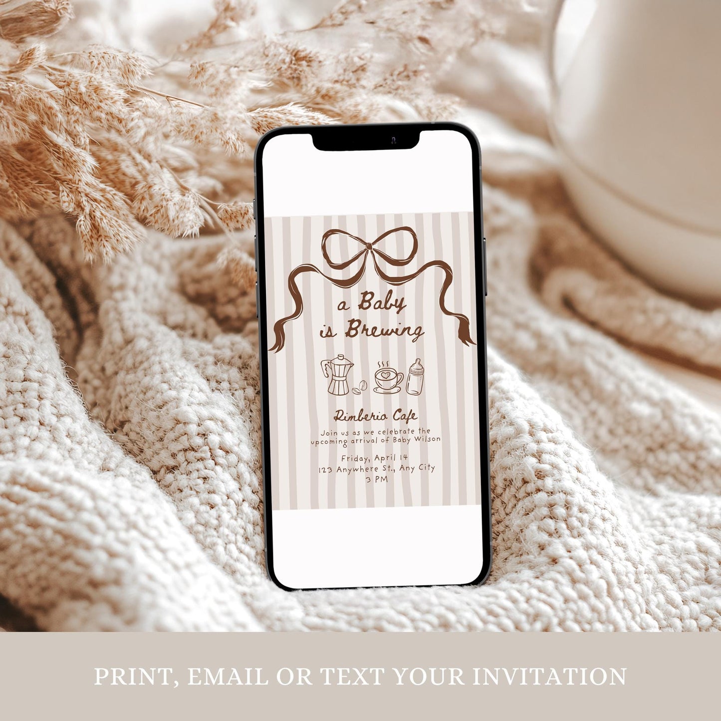 A Baby is Brewing Coffee Baby Shower Invite Editable Template Gender Neutral Digital Download Invitation Hand Drawn Whimsical Bow
