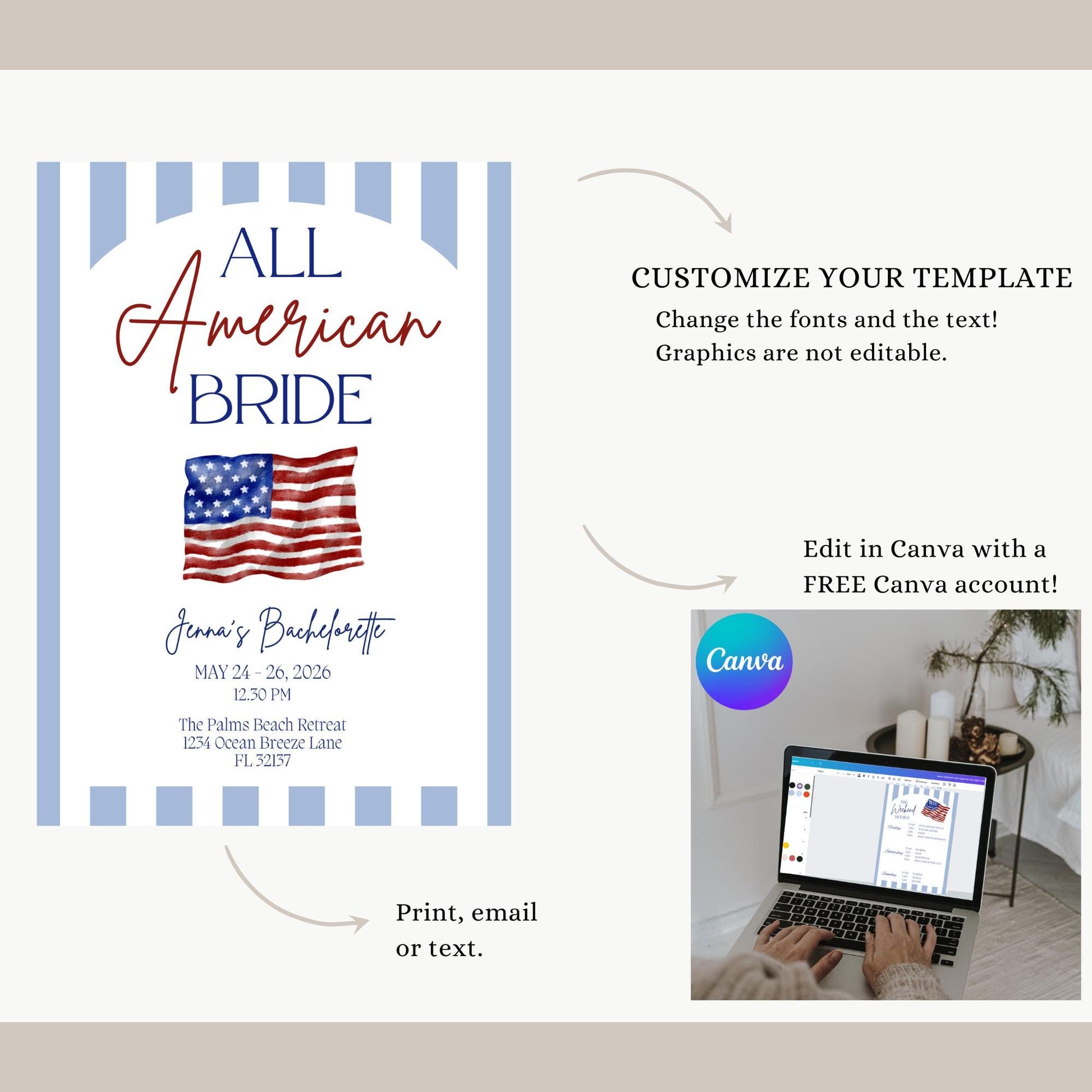 All American Bride Bachelorette Invitation and Itinerary Independence Day Bach Invite 4th of July Bachelorette Weekend Evite Printable Canva