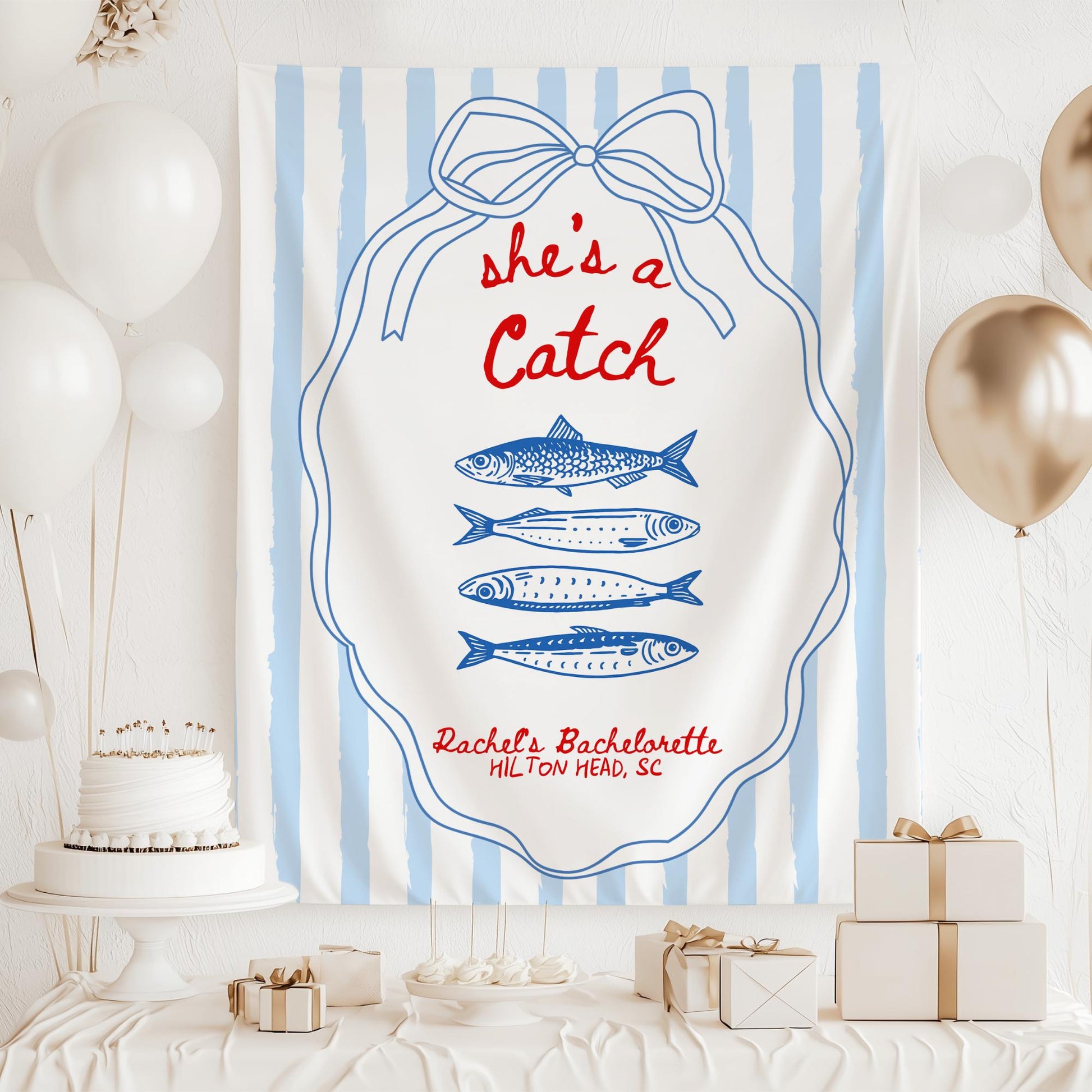She's a Catch Bachelorette Banner Custom Fishing Theme Bachelorette Decor East Coast Bridal Shower Photo Backdrop Coastal Bachelorette Sign