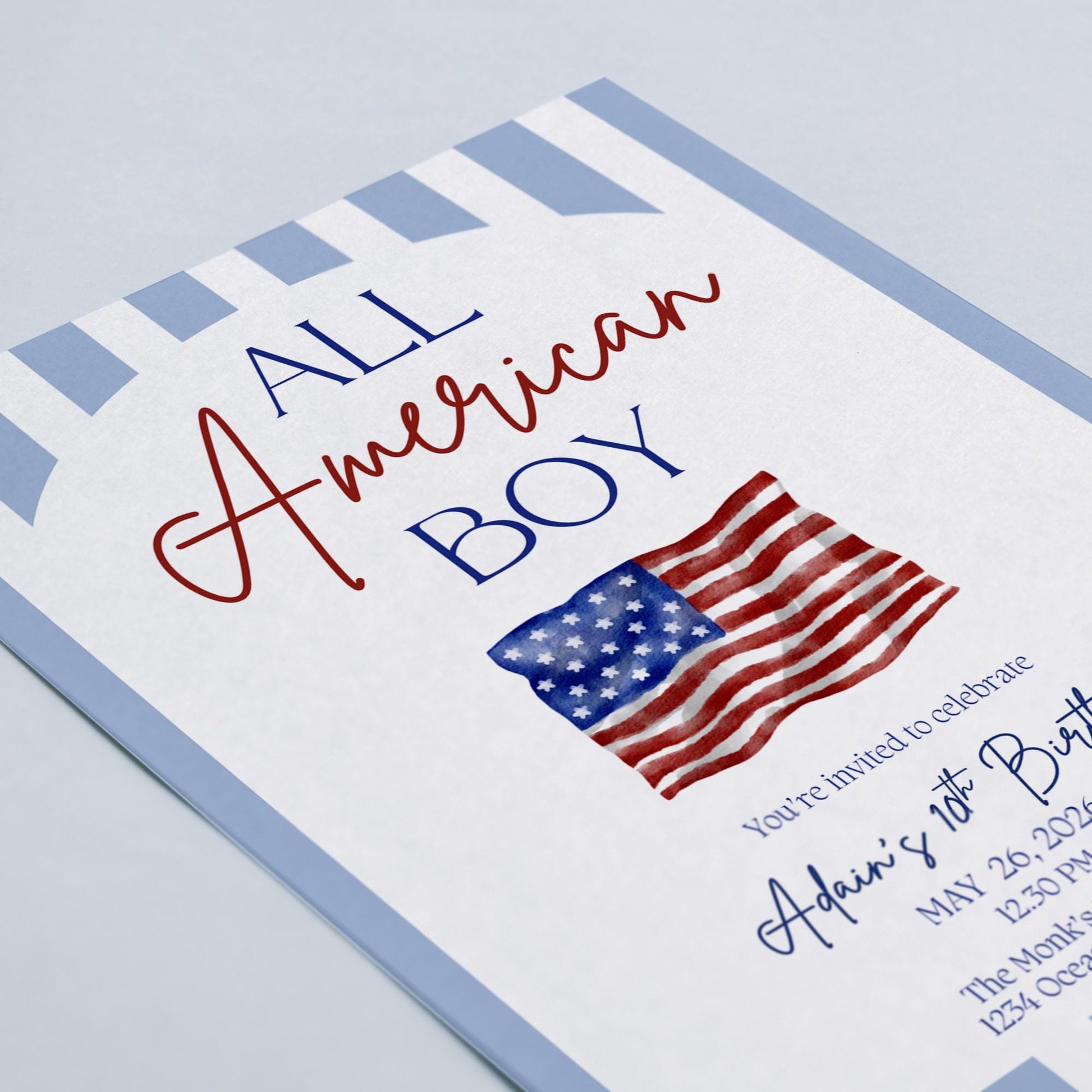 All American Boy Birthday Invitation Red White and Blue Party Decor Patriotic Themed Invite 4th of July Bday All American Girl