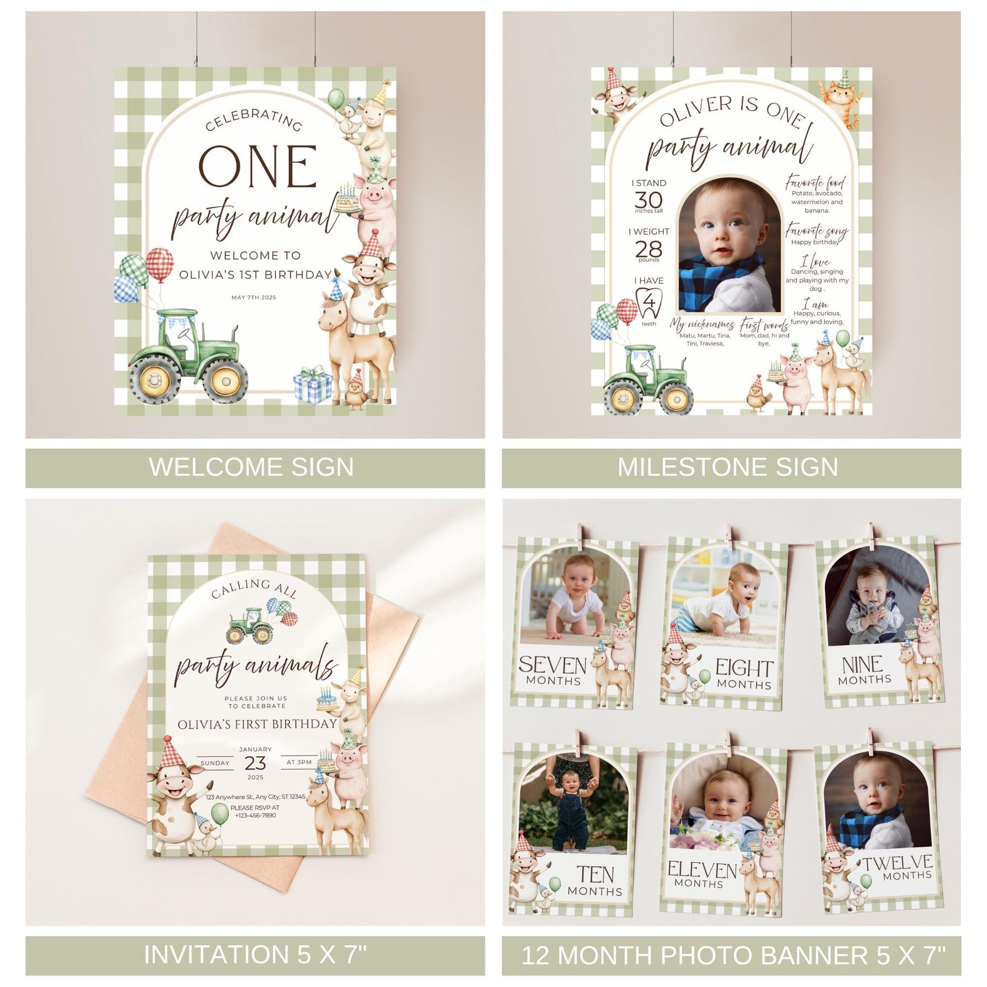 Farm Birthday Invite Barnyard First Birthday Party Decor Party Animals 1st Birthday Bundle Farm Animal Theme Party Country Birthday Decor Welcome sign Milestone stat sign invitation monthly photo banner
