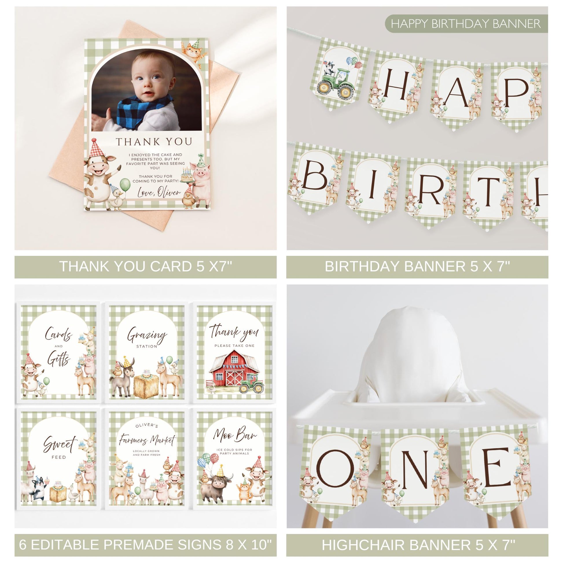 Farm Birthday Invite Barnyard First Birthday Party Decor Party Animals 1st Birthday Bundle Farm Animal Theme Party Country Birthday Decor Photo thank you card happy birthday banner sign bundle highchair banner Bunting
