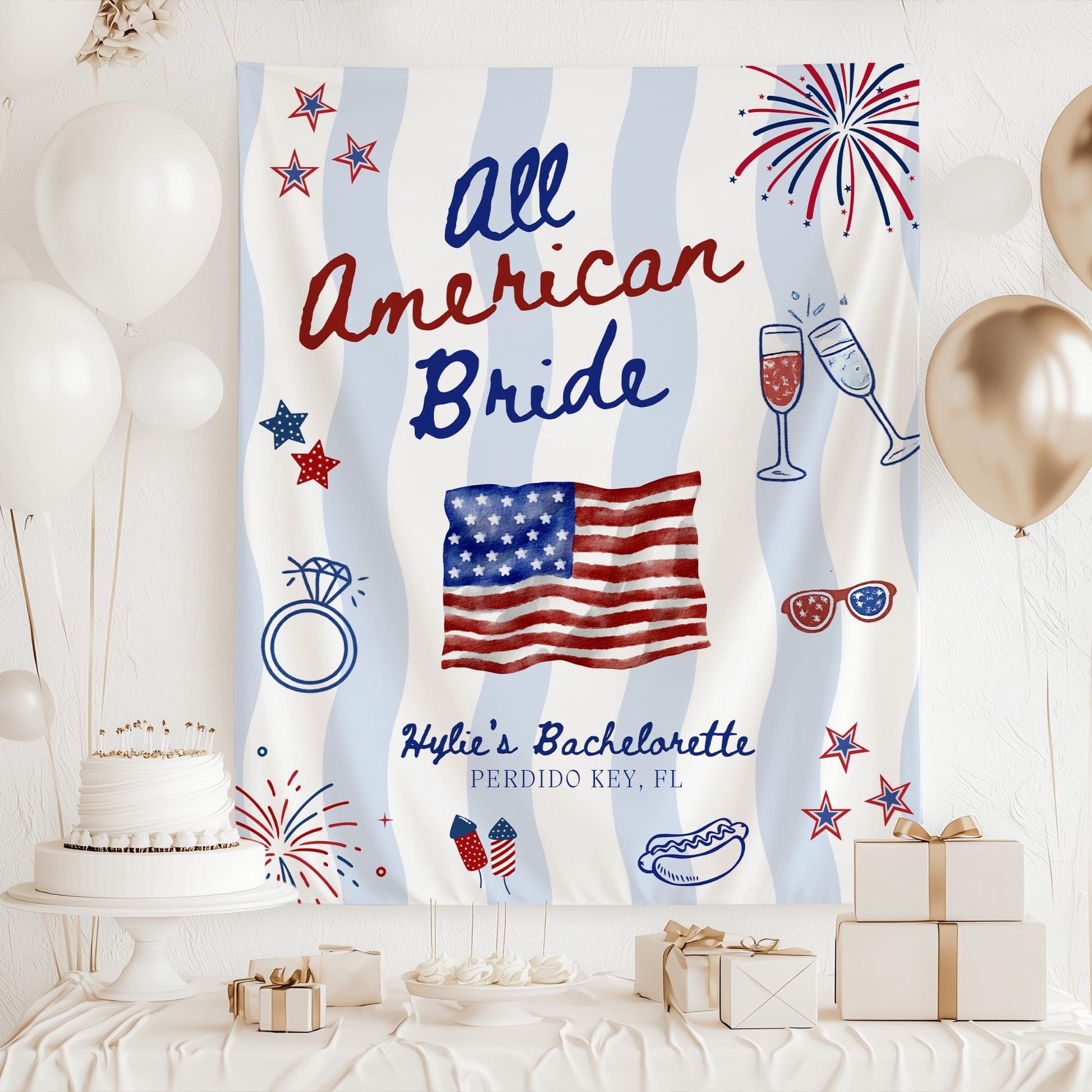 All American Bride Bachelorette Banner Red White and Blue Party Decor Patriotic Themed Sign 4th of July Bach Weekend Backdrop USA Bach Party