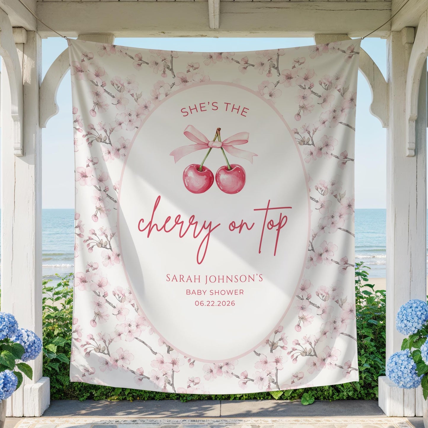 Cherry on top baby shower Banner Cherry Baby Shower Decoration Pink Bow Baby Girl Themed Baby Shower backdrop She's the cherry on top decor