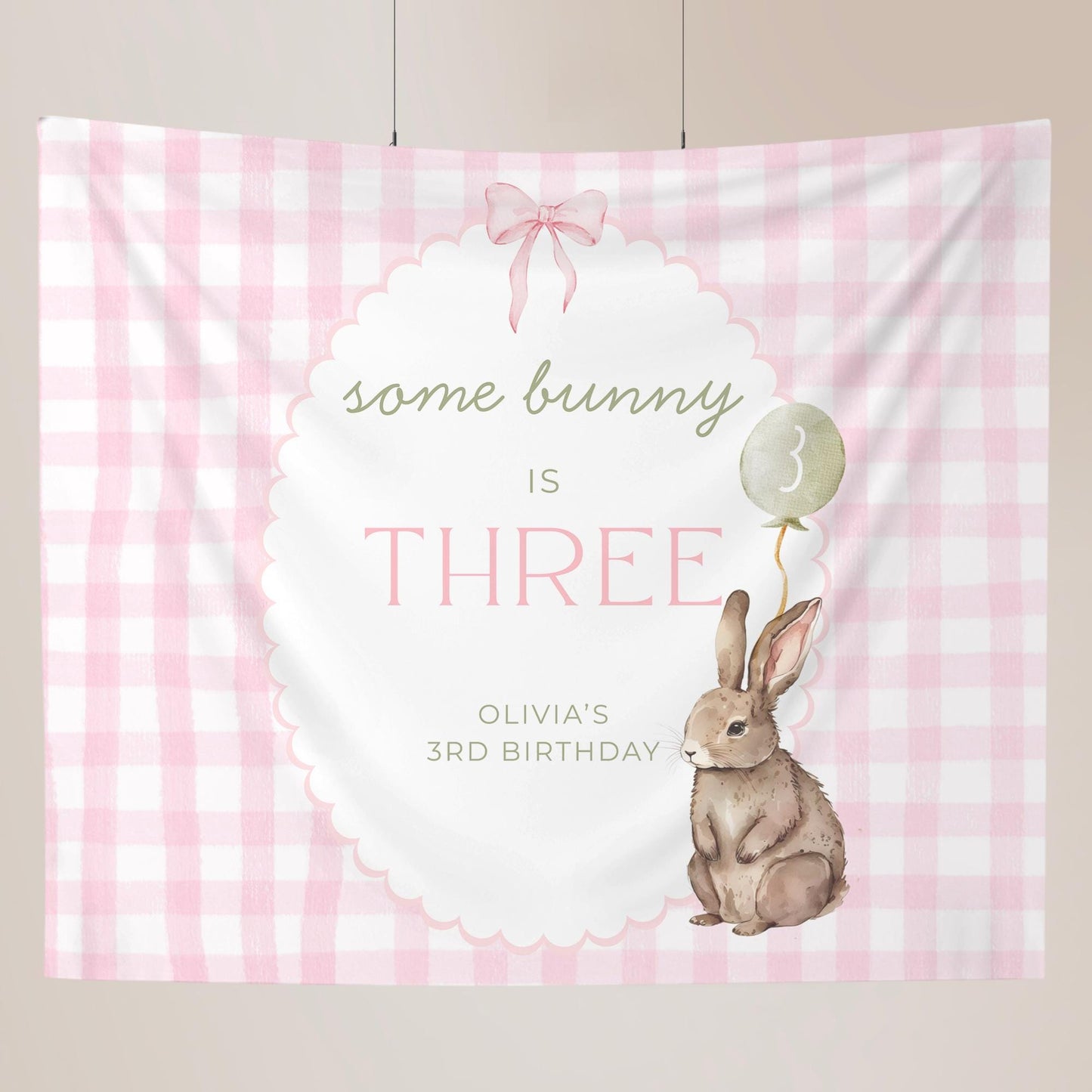 Some Bunny is Three Birthday Backdrop Bunny Birthday Welcome Sign Pink Gingham Bunny Banner Personalized Easter 3rd Birthday Decoration