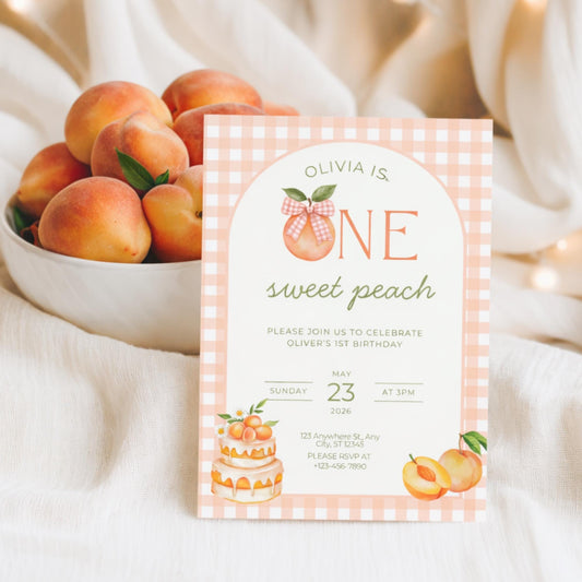 One Sweet Peach Birthday Invitation Girl 1st Birthday Invite Sweet As A Peach Birthday Party Editable Invitation Peaches Bow Gingham Evite