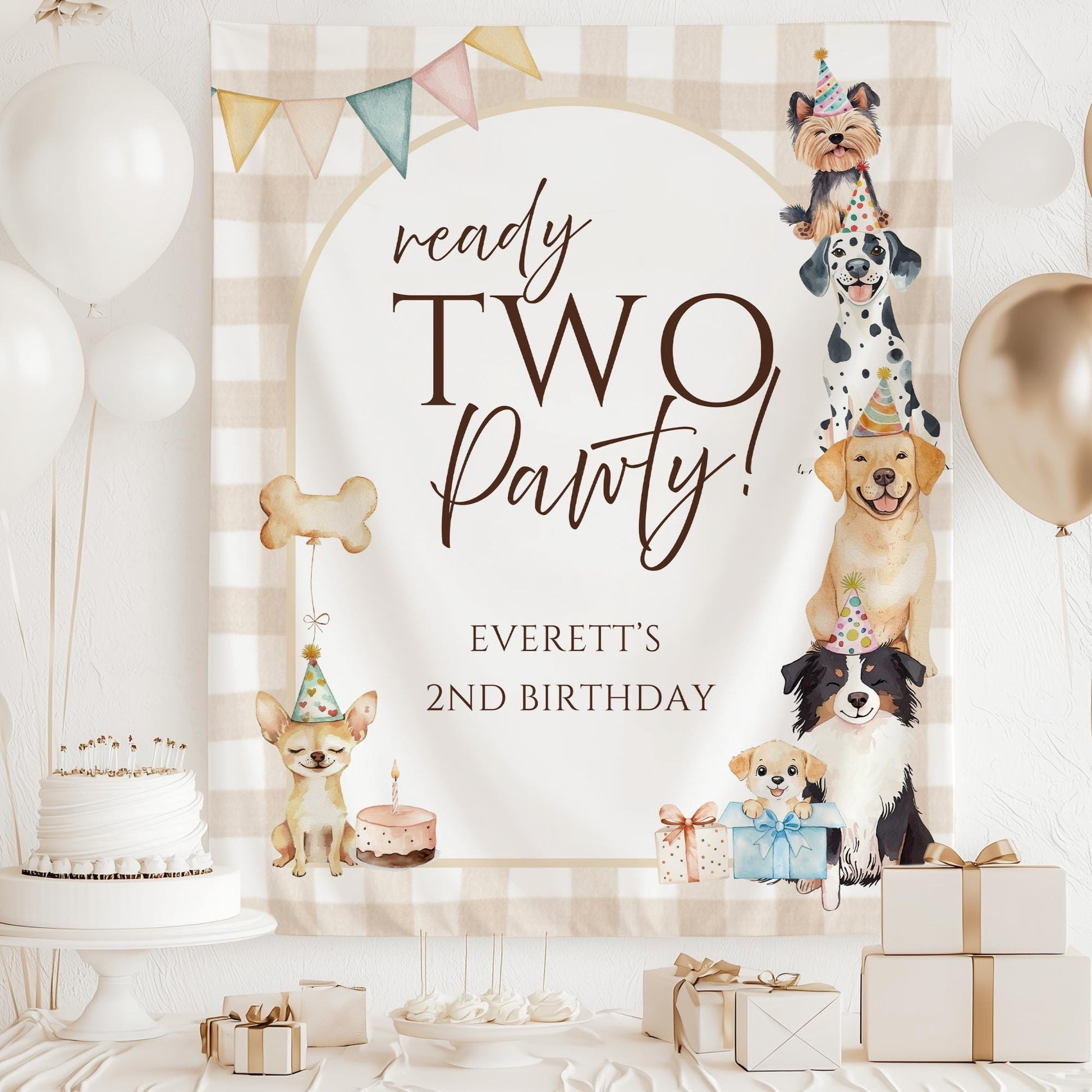 Ready TWO Pawty Birthday Backdrop Puppy 2nd Birthday Welcome Sign Gender Neutral Dog Banner Personalized Second Birthday Decoration