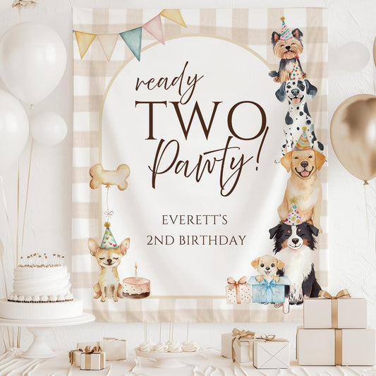 Ready TWO Pawty Birthday Backdrop Puppy 2nd Birthday Welcome Sign Gender Neutral Dog Banner Personalized Second Birthday Decoration