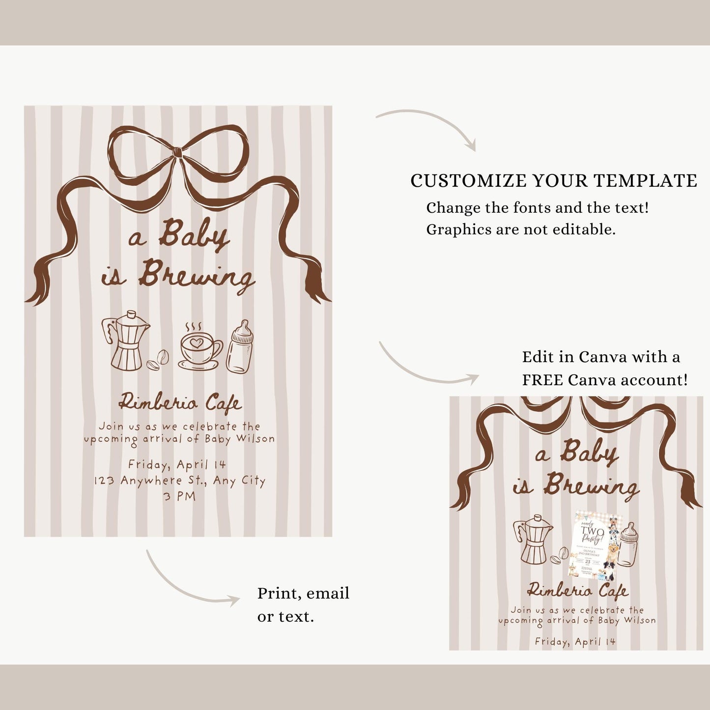 A Baby is Brewing Coffee Baby Shower Invite Editable Template Gender Neutral Digital Download Invitation Hand Drawn Whimsical Bow