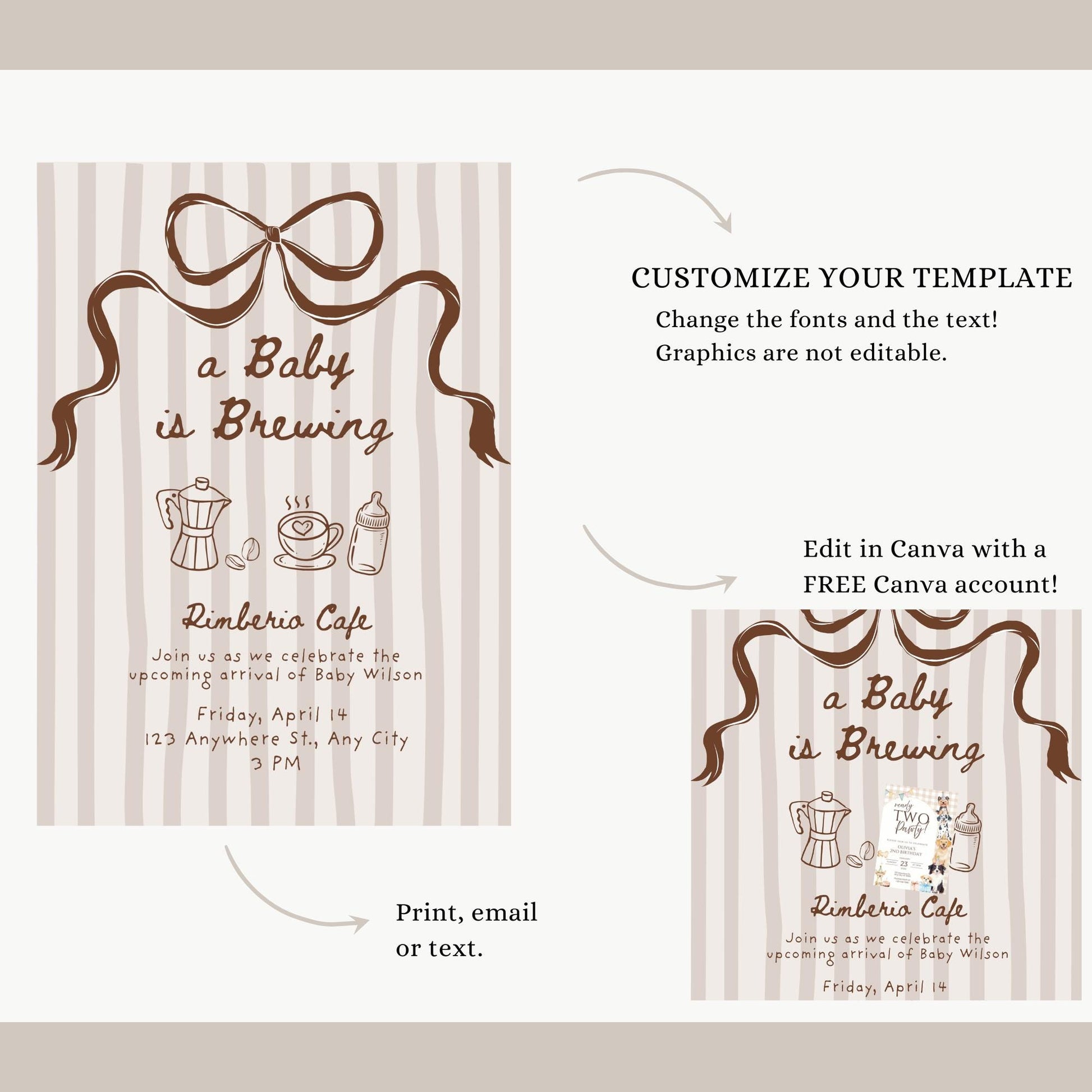 A Baby is Brewing Coffee Baby Shower Invite Editable Template Gender Neutral Digital Download Invitation Hand Drawn Whimsical Bow