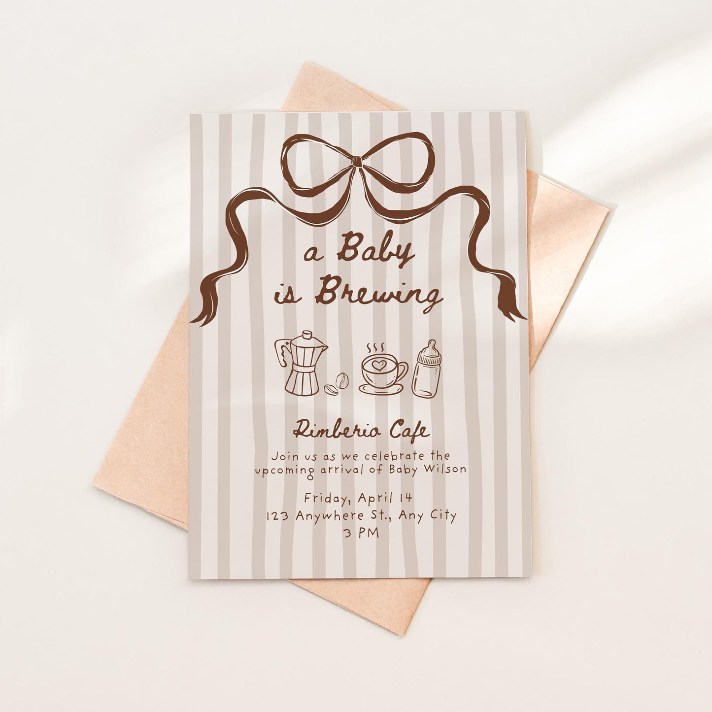 A Baby is Brewing Coffee Baby Shower Invite Editable Template Gender Neutral Digital Download Invitation Hand Drawn Whimsical Bow