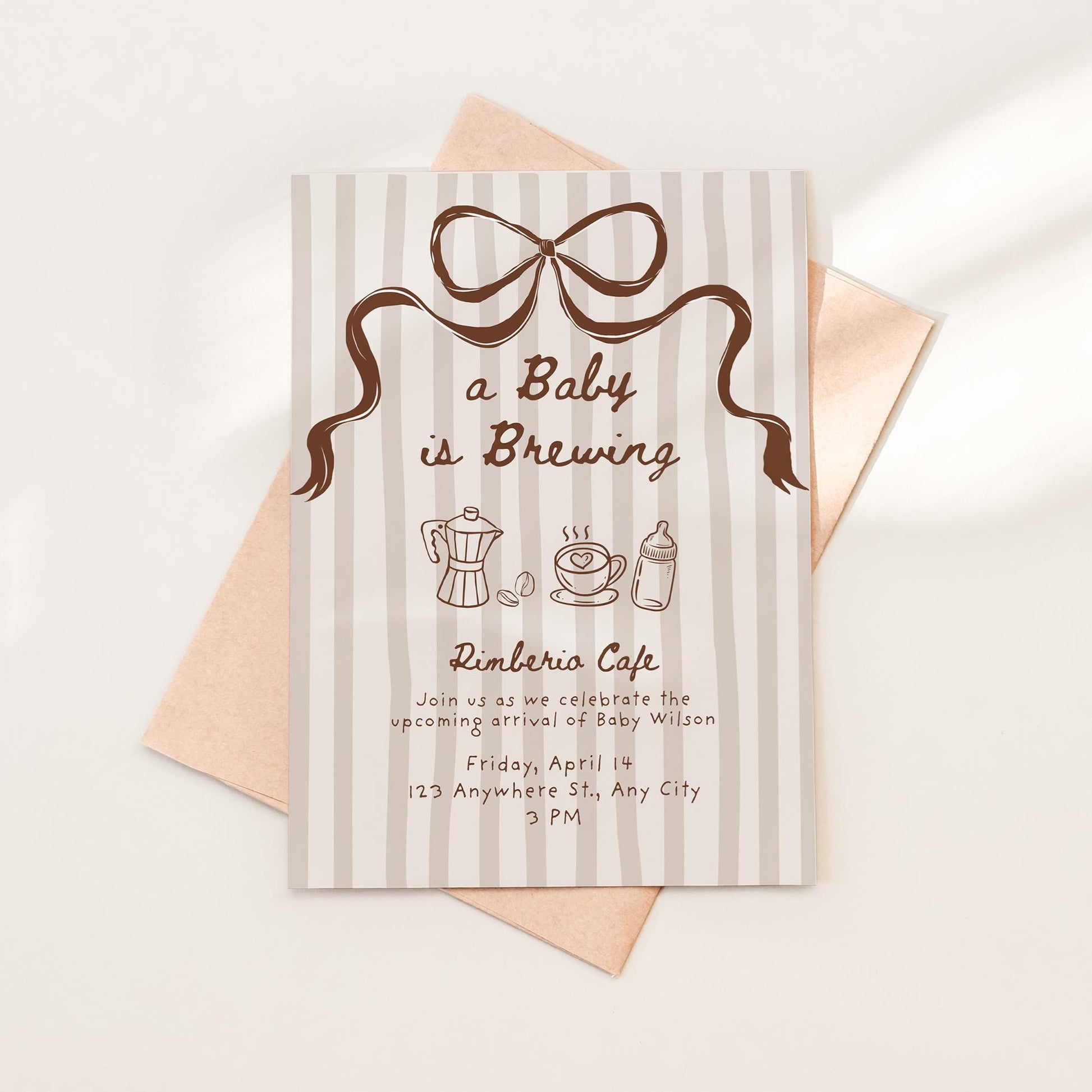 A Baby is Brewing Coffee Baby Shower Invite Editable Template Gender Neutral Digital Download Invitation Hand Drawn Whimsical Bow