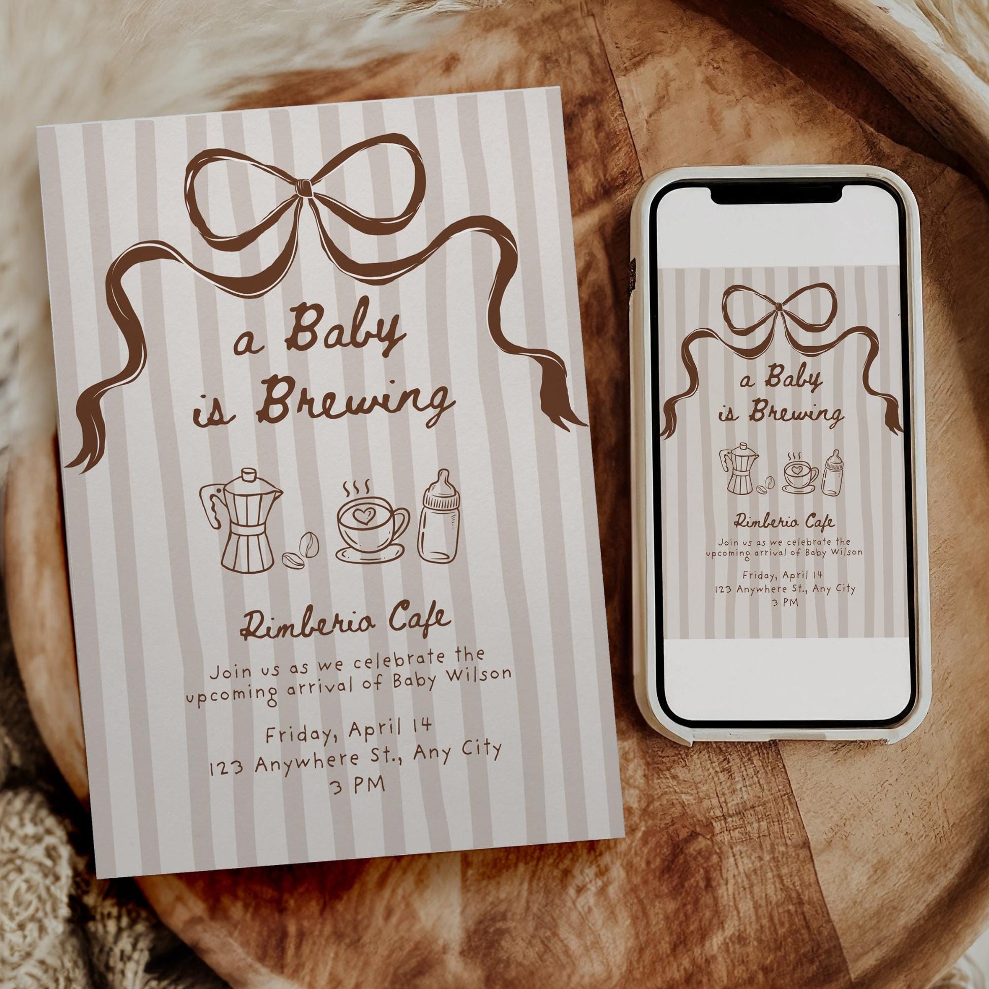 A Baby is Brewing Coffee Baby Shower Invite Editable Template Gender Neutral Digital Download Invitation Hand Drawn Whimsical Bow