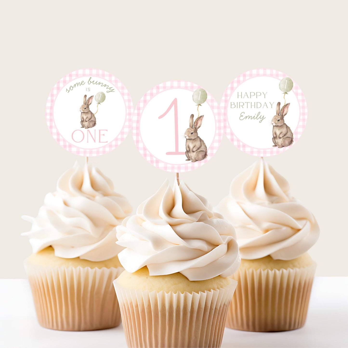 Some Bunny is One Birthday Party Cupcake Toppers Editable Cake topper Easter themed Party Bunny First 1st Birthday Party Pink Bow