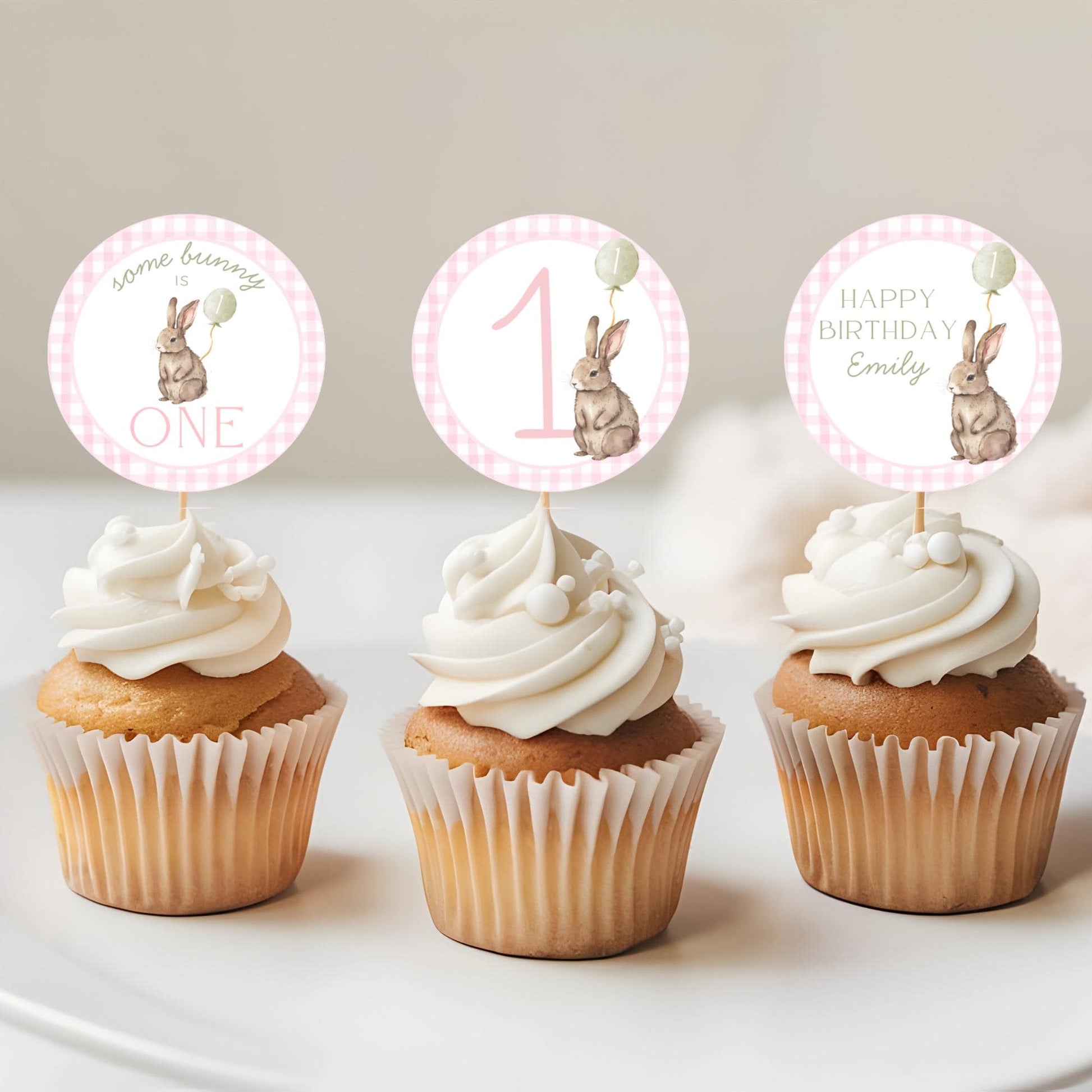 Some Bunny is One Birthday Party Cupcake Toppers Editable Cake topper Easter themed Party Bunny First 1st Birthday Party Pink Bow