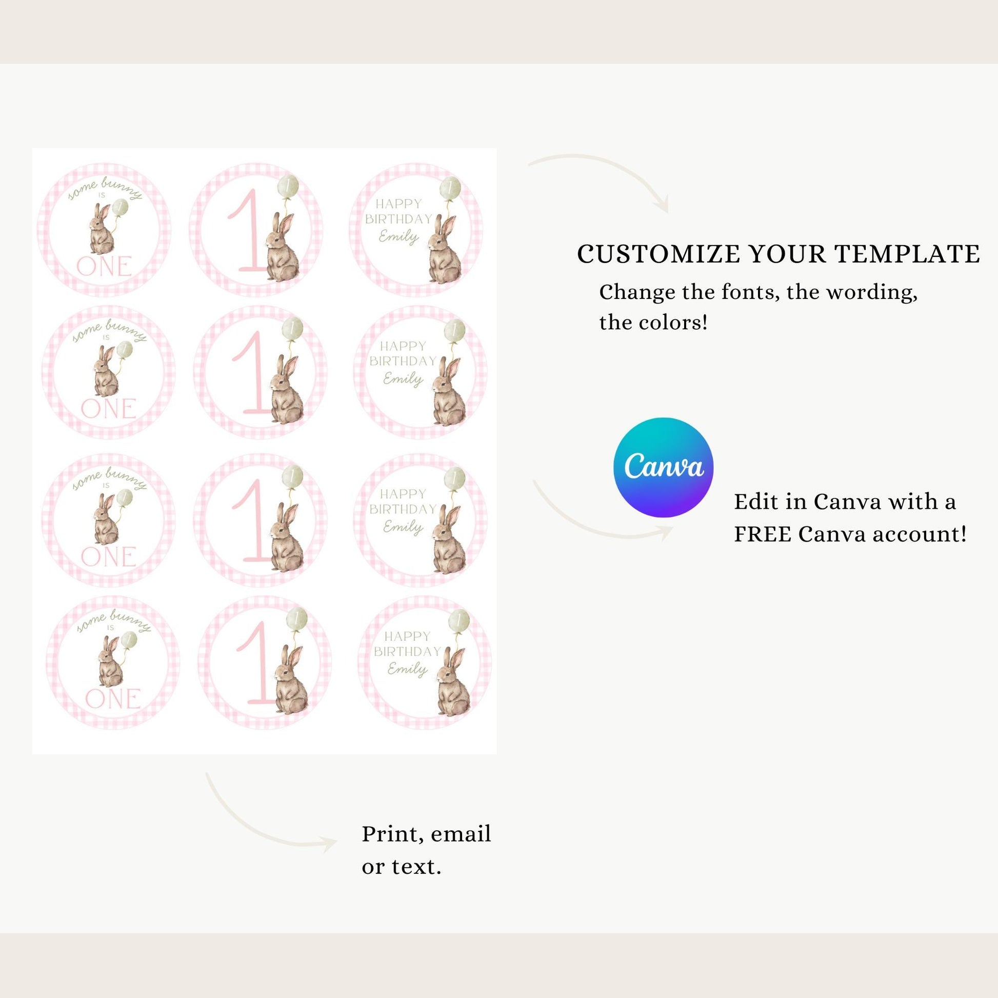 Some Bunny is One Birthday Party Cupcake Toppers Editable Cake topper Easter themed Party Bunny First 1st Birthday Party Pink Bow