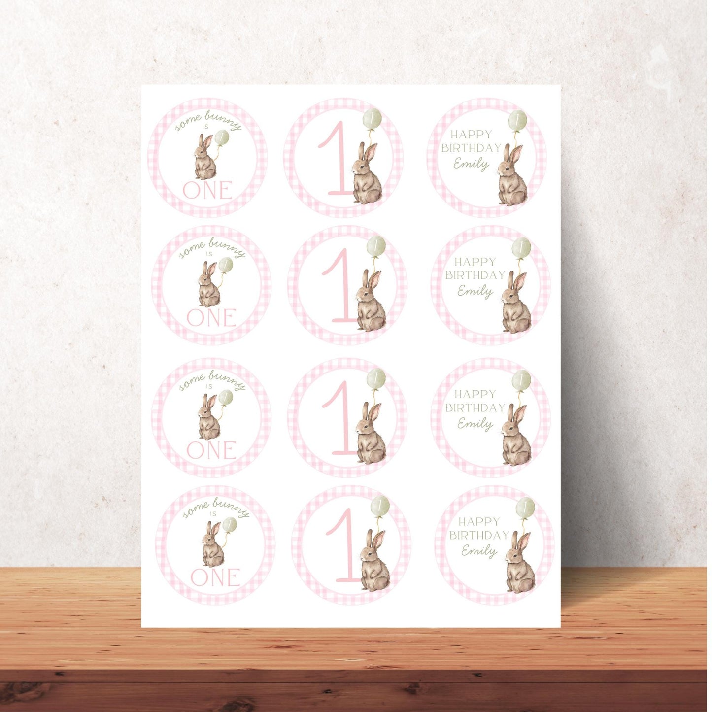 Some Bunny is One Birthday Party Cupcake Toppers Editable Cake topper Easter themed Party Bunny First 1st Birthday Party Pink Bow