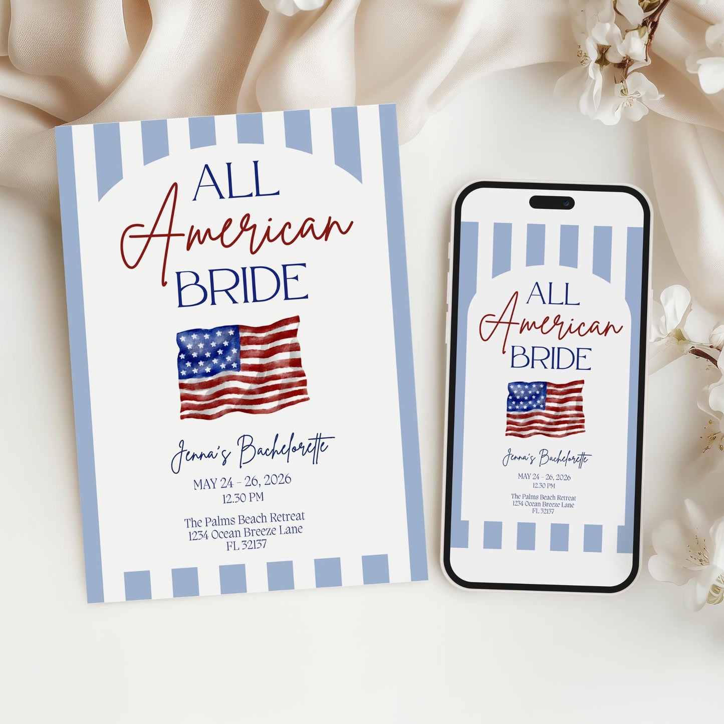 All American Bride Bachelorette Invitation and Itinerary Independence Day Bach Invite 4th of July Bachelorette Weekend Evite Printable Canva