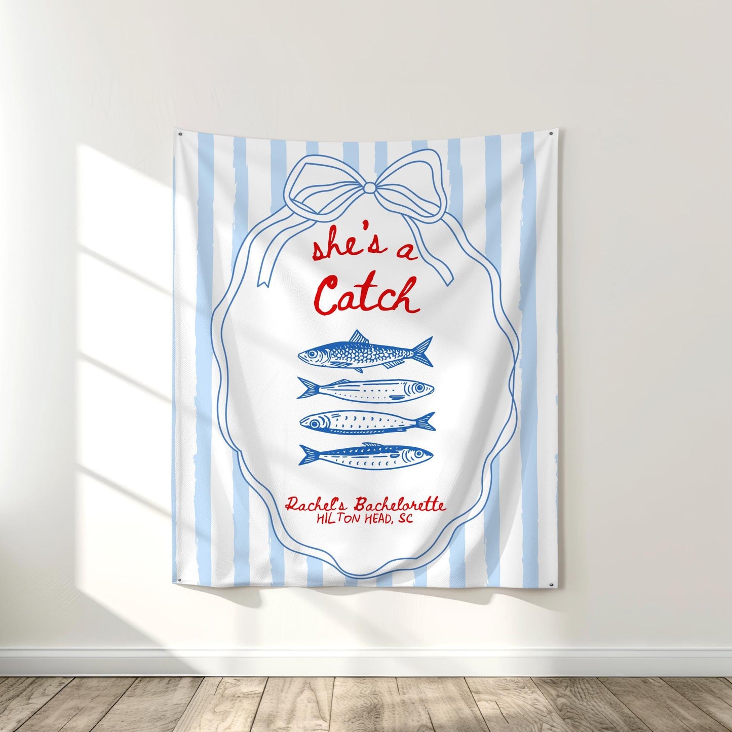 She's a Catch Bachelorette Banner Custom Fishing Theme Bachelorette Decor East Coast Bridal Shower Photo Backdrop Coastal Bachelorette Sign