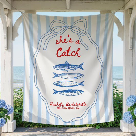 She's a Catch Bachelorette Banner Custom Fishing Theme Bachelorette Decor East Coast Bridal Shower Photo Backdrop Coastal Bachelorette Sign
