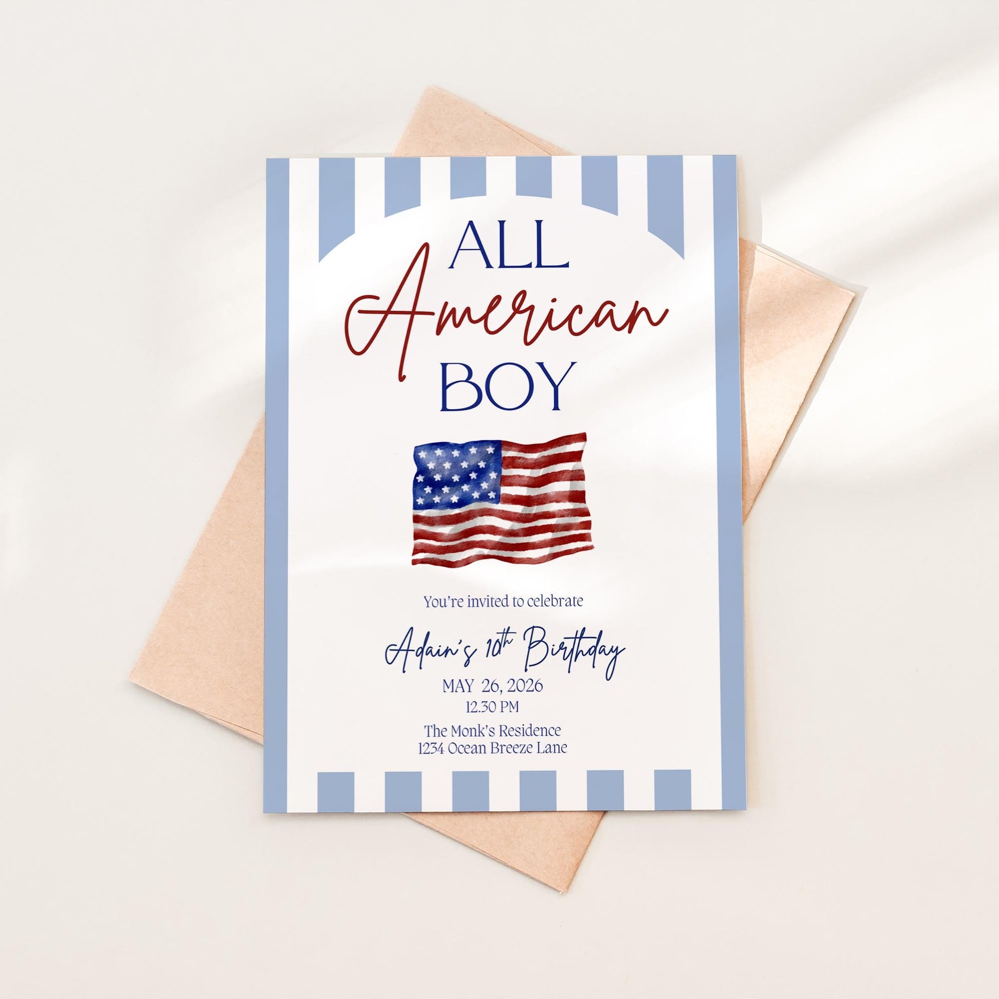 All American Boy Birthday Invitation Red White and Blue Party Decor Patriotic Themed Invite 4th of July Bday All American Girl