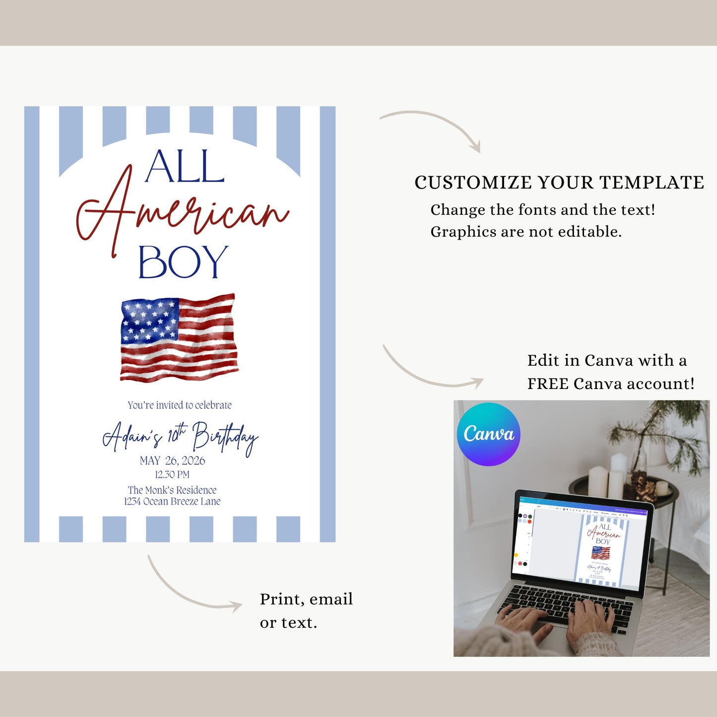 All American Boy Birthday Invitation Red White and Blue Party Decor Patriotic Themed Invite 4th of July Bday All American Girl