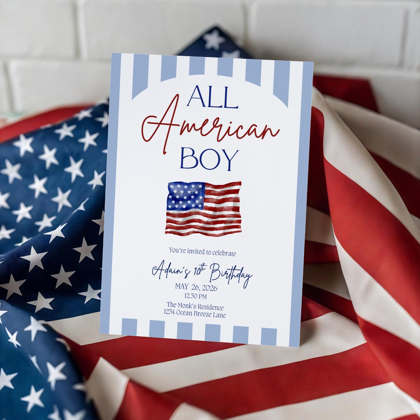 All American Boy Birthday Invitation Red White and Blue Party Decor Patriotic Themed Invite 4th of July Bday All American Girl