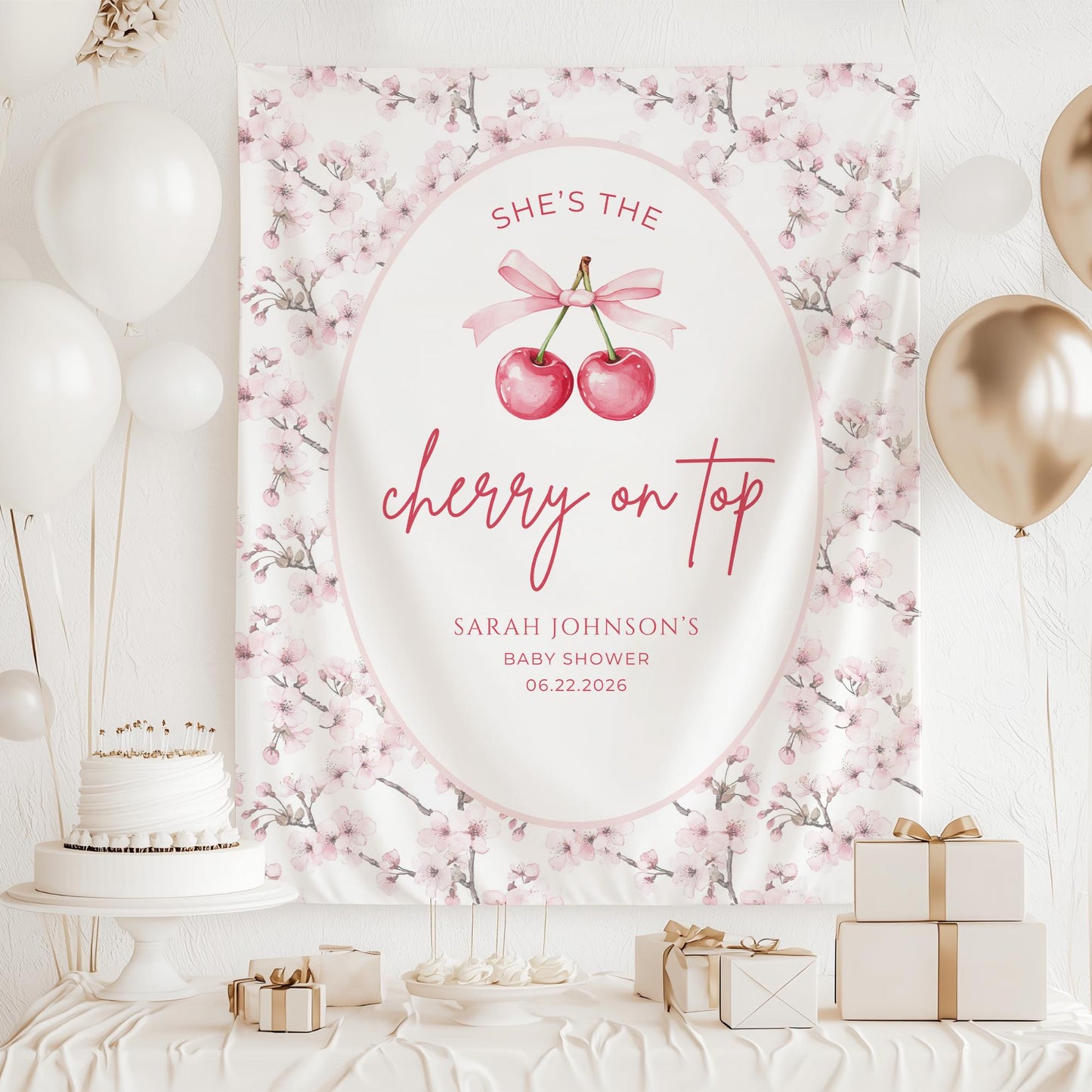 Cherry on top baby shower Banner Cherry Baby Shower Decoration Pink Bow Baby Girl Themed Baby Shower backdrop She's the cherry on top decor