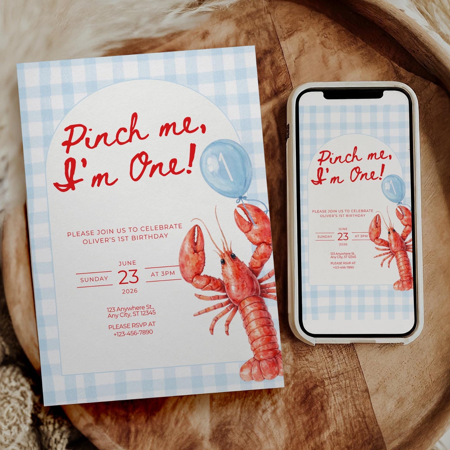 Pinch Me I'm One Boy Birthday Invitation Lobster Broil 1st Birthday Nautical Low Country Crawfish Boil Summer First Bday Blue Gingham