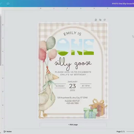 One Silly Goose Birthday Invite Gender Neutral First Birthday 1st Birthday Silly Goose Decor Editable  Invitation Nursery Rhyme Birthday