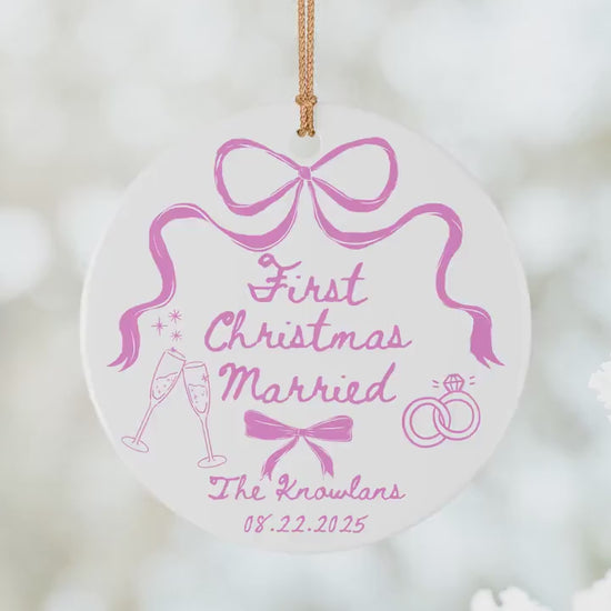 Custom First Christmas Married Ornament 1st Anniversary Gift Personalized Holiday Couple Gift Coquette Bow Holiday Newlywed Wedding Gift