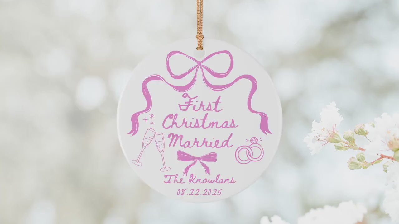 Custom First Christmas Married Ornament 1st Anniversary Gift Personalized Holiday Couple Gift Coquette Bow Holiday Newlywed Wedding Gift