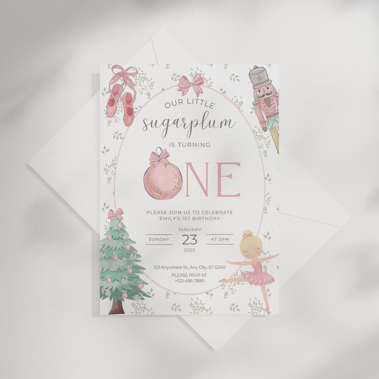 Editable Christmas Nutcracker Birthday Invitation Sugar Plum Fairy Christmas Invitation Christmas Birthday Invitation Winter Invite Pink Bow