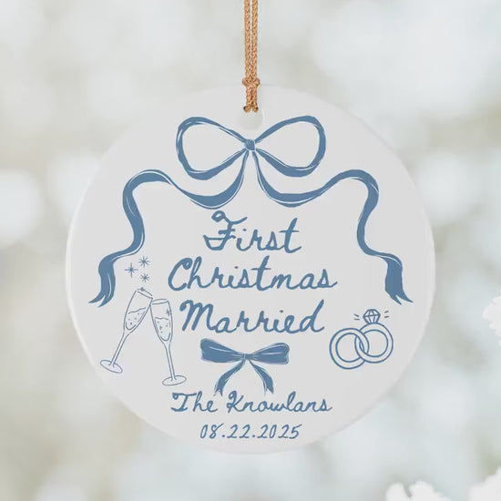 Custom First Christmas Married Ornament 1st Anniversary Gift Personalized Holiday Couple Gift Coquette Bow Holiday Newlywed Wedding Gift