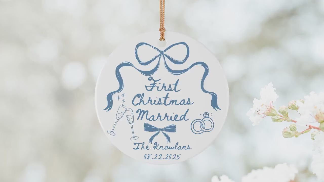 Custom First Christmas Married Ornament 1st Anniversary Gift Personalized Holiday Couple Gift Coquette Bow Holiday Newlywed Wedding Gift