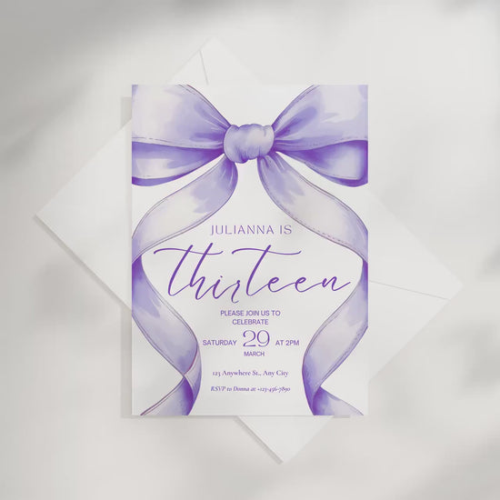 13th birthday invitation girl Purple Coquette Invite 13 year old girl Birthday Girl thirteenth Purple Bow Birthday Teen Birthday Party
